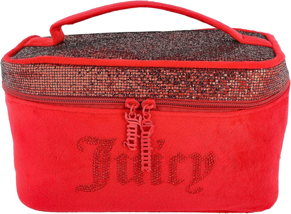 Juicy Couture Red Makeup Bag Cosmetics Organizer Travel Essentials Train Case Velour Glitter Top