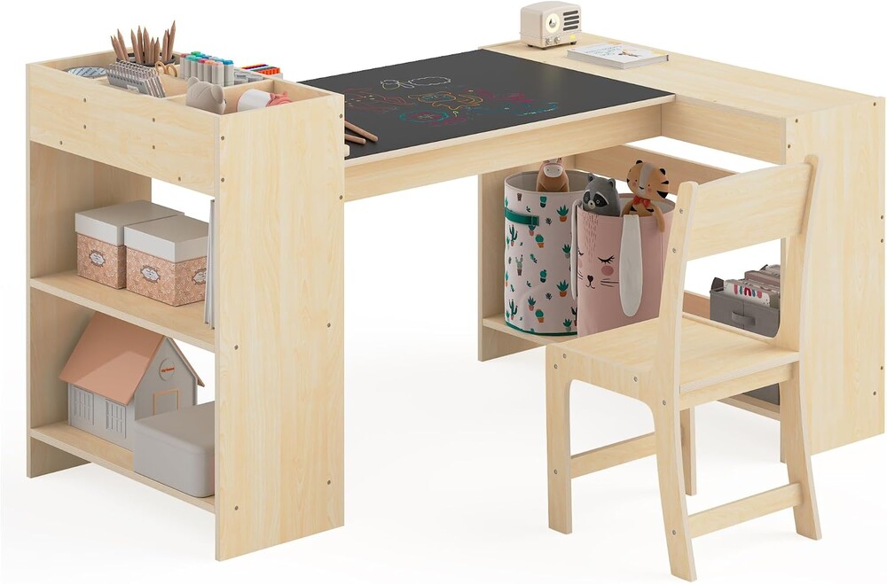 bbgroundgrm Kids Art Table and 1 Chairs Set, Kids Craft Table with Storage,Wooden Set for Toddlers, Activity Desk for Children Painting, Reading, Learning