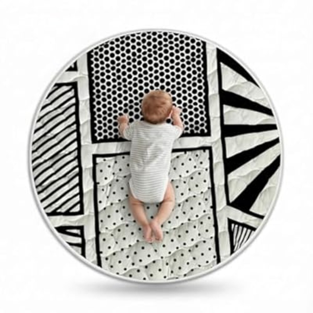 Byrd & Blume Reversible Round Baby Play Mat – Black & White Print/Solid Gray