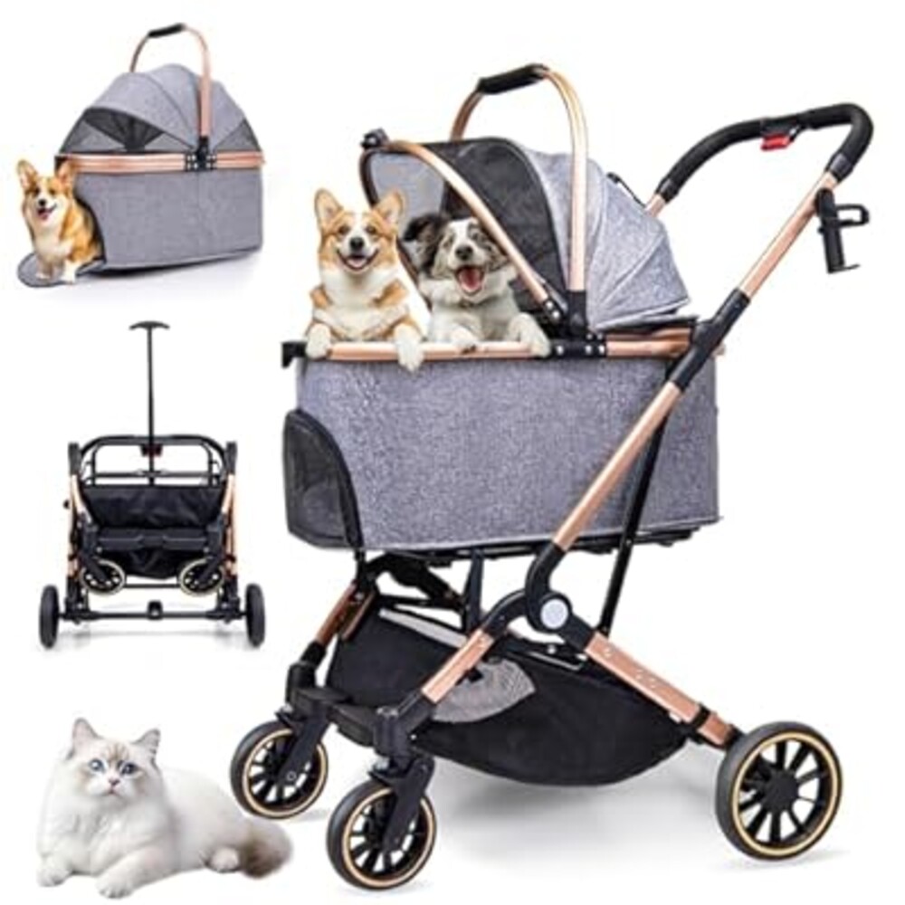 LENSEMUS Dog Stroller for Dogs - 3 in 1 Pet Stroller with Detachable Storage Basket 4 All-Terrain Rubber Wheels Pull Rod Durable Travel Carrier for Max 33 lbs Medium Dogs 2 Small Cats (Grey)