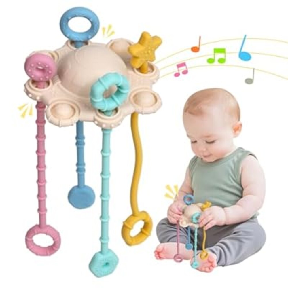 ETETOO Montesorri-Toys - Montessori Pull String Toy - Made of 100% Food Grade Silicone with Built-in Rattle Function and Easy to Clean Design (Cream Color)