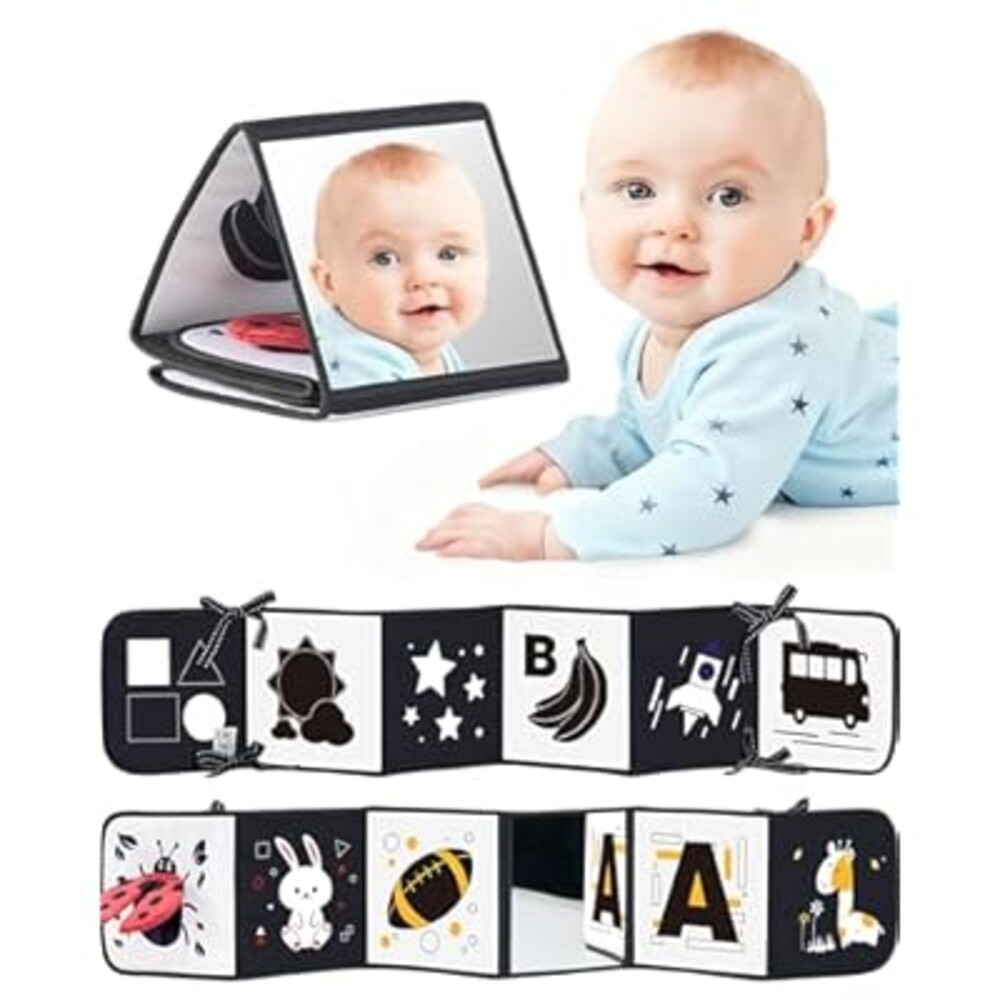 High Contrast Black and White Baby Toys for Newborn 0-6 Months – Contrast Cards & Sensory Baby Book with Mirror – Tummy Time Infant Toys for Visual Stimulation, Early Learning & Brain Development