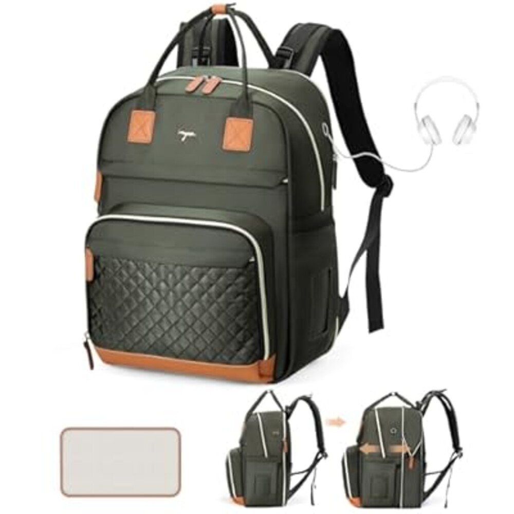 Tonyeee Diaper Bag Backpack - Extra Large Diaper Bag for 2 Kids Twin, Travel Baby Bags for Mom Dad 25-37L Expandable with Changing Pad Earphone Hole, Solid Green