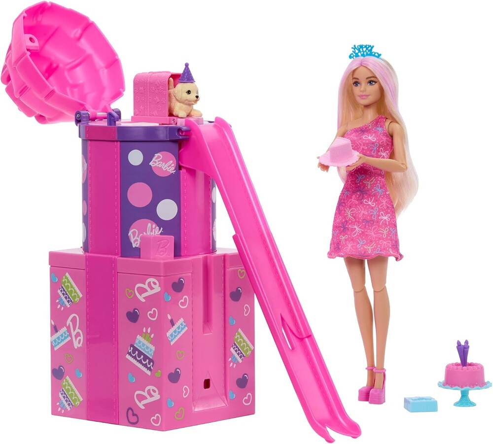Barbie Rise & Surprise Doll & Accessories, Pet Birthday Series with 12 Surprises Including Slide & Color-Change Activity