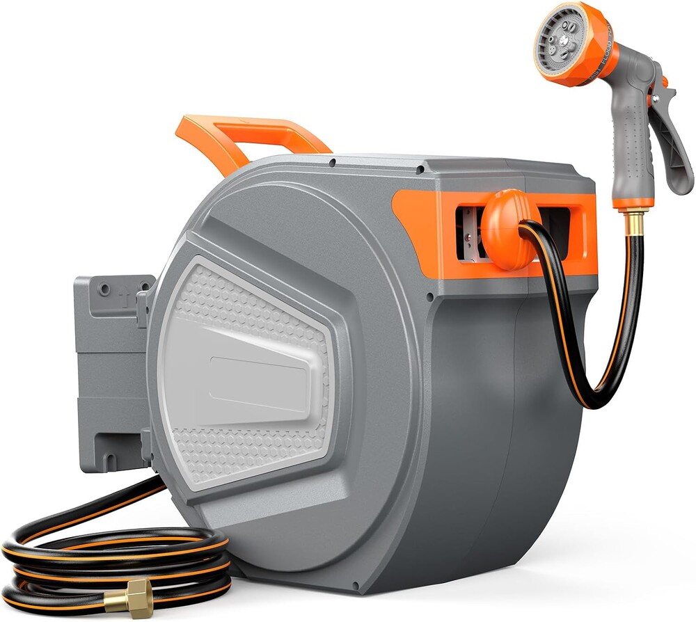 OLIXIS Automatic Retractable Garden Hose Reel, Heavy Duty Wall Mounted Water Reel with 1/2 in x 65 ft Hose, 9 Pattern Nozzle, Slow Rewind Any Length Lock, 180° Swivel for Garage Outside