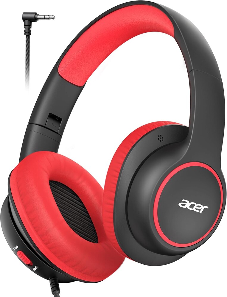 Acer Kids Headphones Wired for School - Over Ear Design, 85/94dB Safe Volume Limit, 3.5mm Jack Foldable Headphones for Toddler Boys Girls Classroom Yoto Player Chromebook Travel Black Red