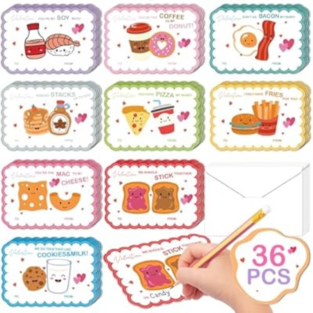 Juchuar Cute Food Valentines Cards for Kids School - 36 Pack Punny Food Valentines Day Cards for Kids Classroom with Envelopes