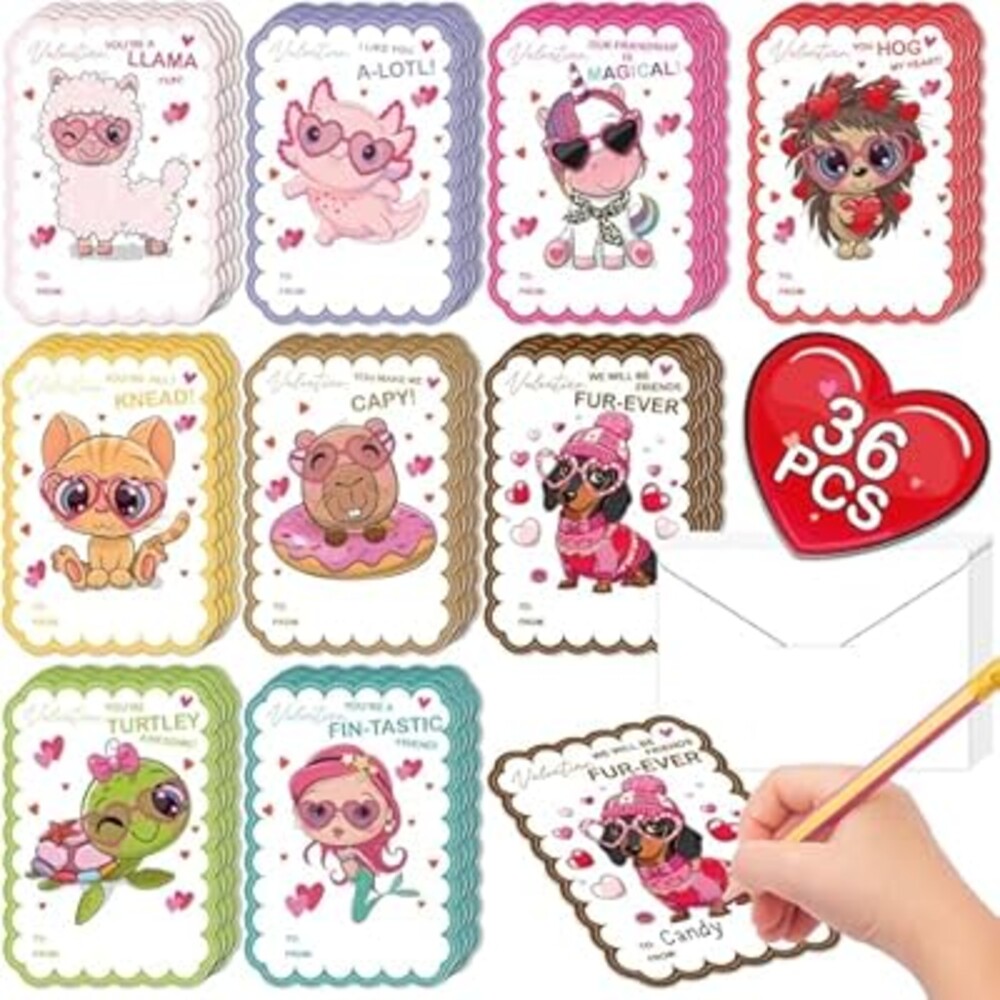 Juchuar Cute Valentines Cards for Kids Classroom - 36 Pack Animals Axolotl Unicorn Valentines Day Cards for Kids School with Envelopes