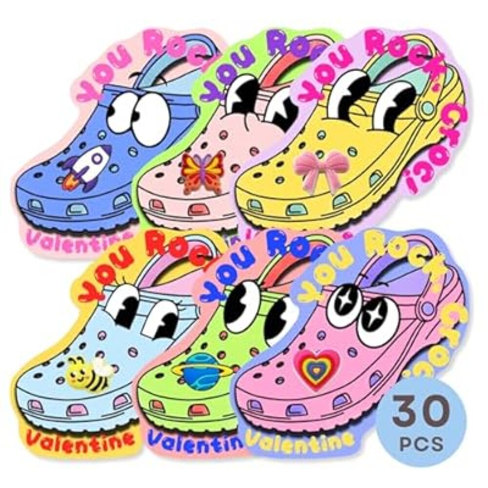 Poatel Valentines Day Cards for Kids School, 30 Kids Valentine Cards with 48 Cute Shoe Charms, Valentines Exchange Cards for School Classroom