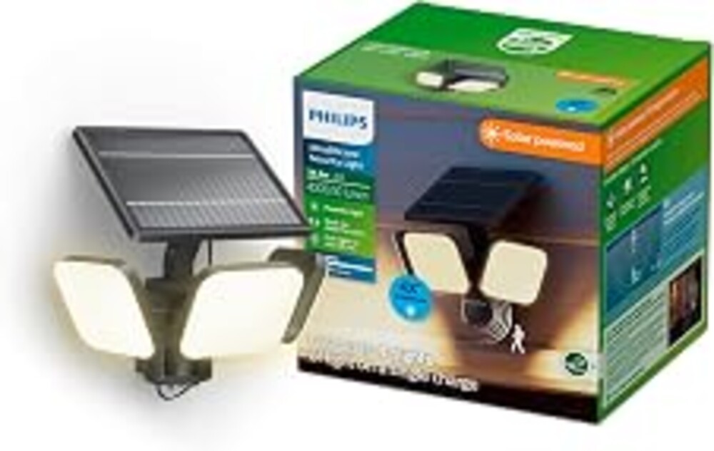 PHILIPS Zyren UltraEfficient Solar Security Light, 1-Pack, Black | IP65 Weather-Resistant, 4000 Lumens, 3000K, Broad Range Motion Sensor, Dusk-to-Dawn Operation, Replaceable Battery
