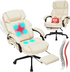 Massage Office Chair with Foot Rest 6 Points Vibration and Heat Home Office Desk Chairs for Heavy People 400lbs Reclining Managerial Chairs Ergonomic Executive Chair (Cream)