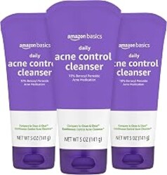 Amazon Basics Acne Treatment Face Wash - Daily Control Cleanser, Maximum Strength 10% Benzoyl Peroxide for Stubborn Breakouts, 5 Ounce (3-Pack)