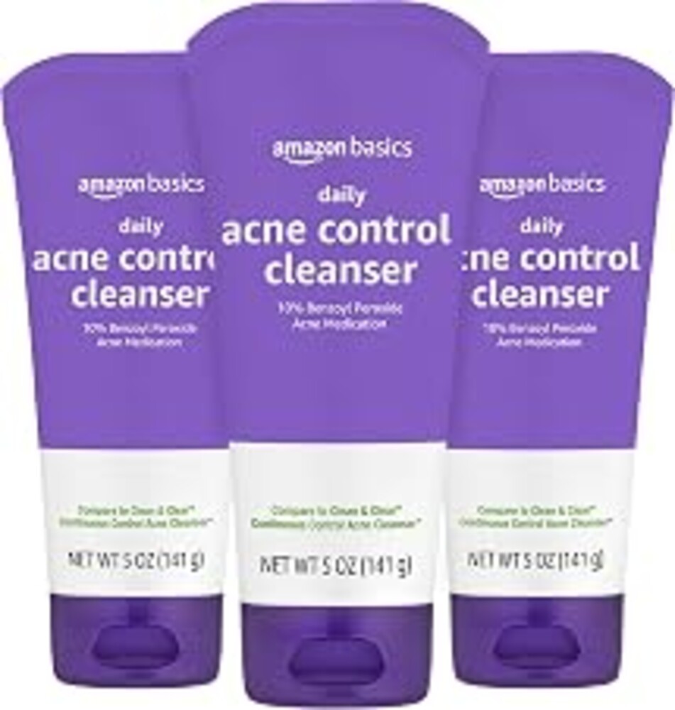 Amazon Basics Acne Treatment Face Wash - Daily Control Cleanser, Maximum Strength 10% Benzoyl Peroxide for Stubborn Breakouts, 5 Ounce (3-Pack)