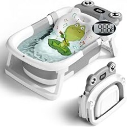 BUNWAG Baby Bathtub, Collapsible Newborn Bathtub for Infant to Toddler with Soft Cushion and Thermometer,Portable Travel Newborn Tub with No-Slip Feet, Baby Shower Gifts, 0-12 Months Baby Bath, Grey
