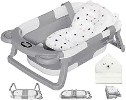 MoreFeel Collapsible Baby Bathtub for Newborn with Thermometer & 1 Hooded Towel & 1 Soft Floating Cushion,Portable Travel Bathtub with Drain Hole, Durable Foldable Baby Tubs for Infants to Toddler