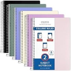 ONAVIA 2 Subject Spiral Notebook College Ruled 6 Pack, 200 Pages, Assorted | 100 ct, 6 x 9.5 in, Poly Cover, 2 Dividers, Double-Sided Pockets, Notebook for School, Study