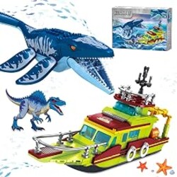 kiothdre 3 in 1 Ocean Explorer Dinosaur Building Set Compatible with Dinosaur Park World, City Boat Ship & Mosasaurus Spinosaurus Dino Toys with Poseable Joints, Toys for Kids Boys Age 6-12