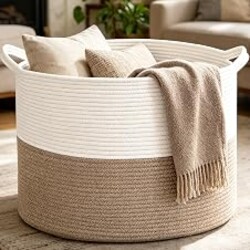 HZFTJOY Large Woven Blanket Basket,65L Cotton Rope Laundry Basket | Collapsible Nursery Storage Bin with Sturdy Handles for Clothes, Toys, Pillows, Living Room Bedroom Bathroom - White & Brown