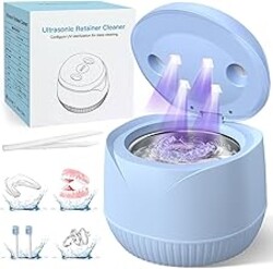 Dental Ultrasonic Retainer Cleaner Machine: 45kHz Dental Cleaning Pod with Digital Timer & 200ML, Cleaning for Dentures, Mouth Guards, Aligners, Night Guards, Braces, Toothbrush Heads & Jewelry, Blue