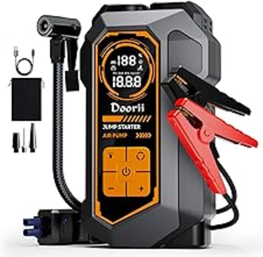 Doorii 6000A Jump Starter with Air Compressor, 10-in-1 Car Jumper Starter Portable, 150PSI Tire Inflator/Air Pump, LED Flashlight for Up to 10.0L Gas / 8.0L Diesel Engines