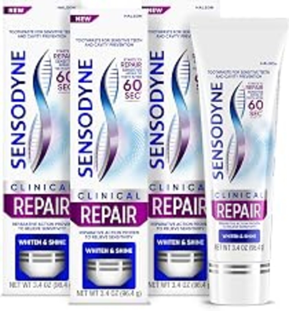 Sensodyne Clinical Repair Whiten & Shine Toothpaste for Sensitivity Relief, 3.4 oz (3 Pack)