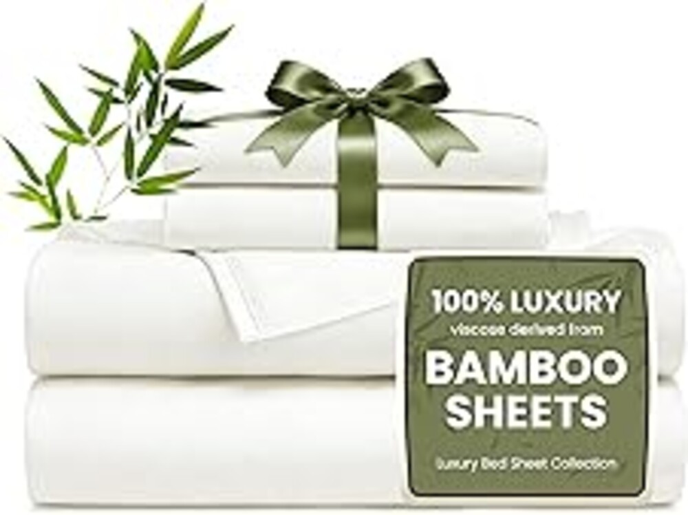 Love's cabin 4 Piece King Size Sheet Set, 100% Rayon Derived from Bamboo, Cooling & Breathable, Soft Silky Deep Pocket up to 16", Hotel Luxury Bedding for Hot Sleepers, White