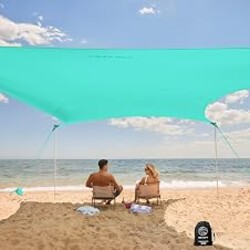 WEKAPO Beach Tent Sun Shelter - Easy Setup Beach Canopy with 4 Sturdy Poles, Large Sandbags and Shovel, 6'7'' Tall, Windproof Sun Shade for Backyard and Camping, UPF 50+ Protection