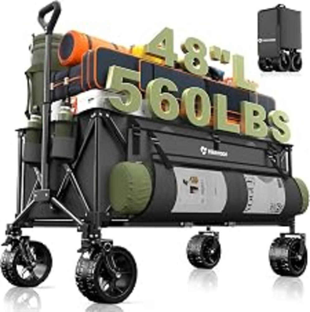 HIKEMOON 48'' Extra Large Collapsible Wagon with Big Wheels, 300L Grey | 560LBS Heavy Duty, Wagons Carts Foldable, All-Terrain, Brakes, Folding Cart, Utility for Beach/Camping/Garden/Sports/Grocery