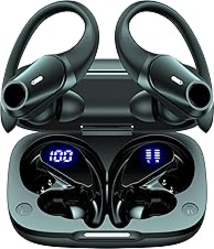 Active Noise Cancelling Ear Buds Wireless Earbuds 80H Playtime Bluetooth Headphones with LED Display Case, Hi-Res Audio Clear Calls Earphones with Over Ear Hooks for Running Gym Workout Travel Black