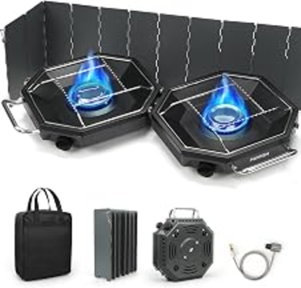 Camping Stove Propane, 2 Burner Camp Stove, 20,000 BTU Propane Camping Stoves, Portable Gas Stove with Windscreen, Storage Bag, Regulator for Picnic, BBQ, Tailgating
