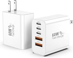 USB C Fast Charger Block,2Pack 60W 5-Port Multiport Charging Block,2 USB A & 3 USB C PD3.0 Power Adapter Charging Plug for iPhone 16/15/14/13/iPad Mini/Pro/AirPods 4/GalaxyS23(White)