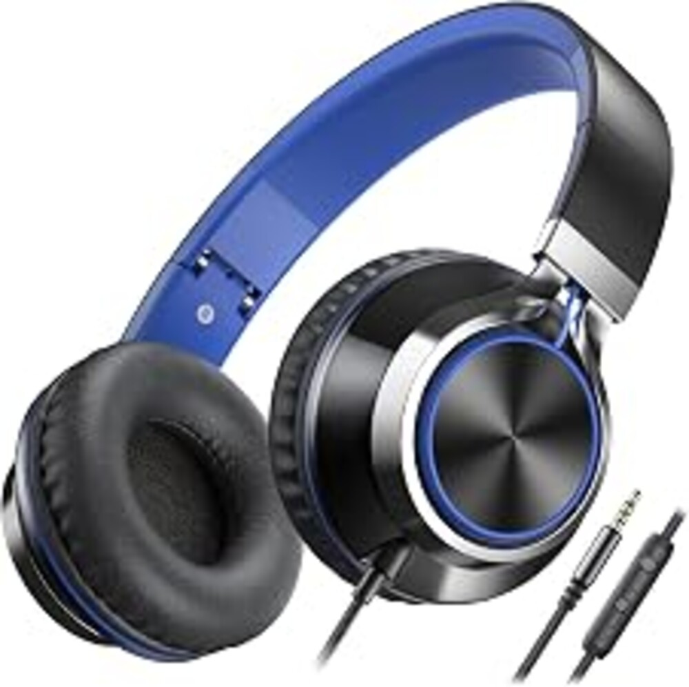 AILIHEN C8 Kids Wired Headphones with Microphone for School, On Ear Headsets with Volume Control Foldable, 3.5mm Jack Computer Chromebook for Children Teens Classroom Online Learning (Black Blue)
