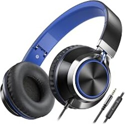 AILIHEN C8 Kids Wired Headphones with Microphone for School, On Ear Headsets with Volume Control Foldable, 3.5mm Jack Computer Chromebook for Children Teens Classroom Online Learning (Black Blue)