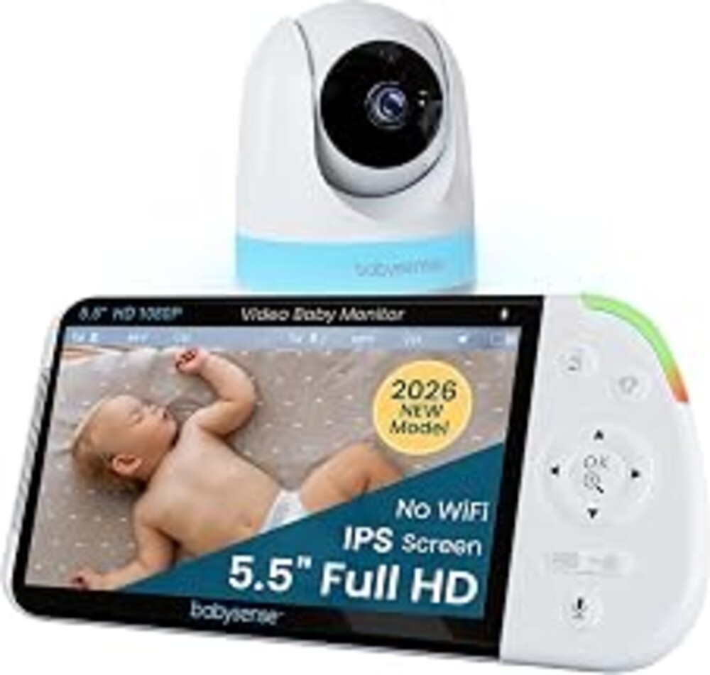 Babysense PRO Non-WiFi Full HD 5.5" Split Screen Baby Monitor with Camera and Audio, 6-Color Night Light, White Noise, Sound & Light Machine, 20-Hour Battery, Hack-Proof Secure Connection