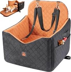 Dog Car Seat for Small/Medium Dogs Up to 35lbs, Puppy Car Seat with Thick Cushion, Detachable Washable Dog Carseat with Storage Pockets, 2 Safety Belts (Brown)