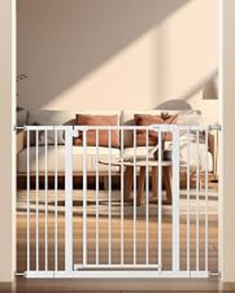 keny 29"-42.5" Baby Gate for Stairs, Auto Close Safety Dog Gate | Pressure Mounted Easy Walk Through Pet Gate for Doorways, Durable Stair Gate, 30" Tall, White