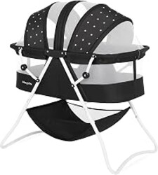 Dream On Me Karley Portable Newborn Bassinet with Double Mesh Canopy, Foldable Travel Bassinet with Storage Basket, Lightweight, Indoor Outdoor Use, Black/White