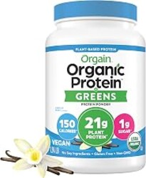 Orgain Organic Vegan Protein Powder + Greens, Vanilla Bean - 21g Plant Based Protein, Gluten Free, Dairy Free, Lactose Free, Soy Free, No Sugar Added, With Iron & Prebiotics for Gut Health - 1.94lb