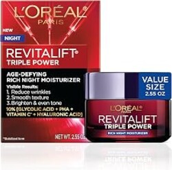 L'Oreal Paris Revitalift Triple Power Rich Night Cream, Anti Aging Moisturizer With Glycolic Acid, Vitamin C & Hyaluronic Acid, Visibly Smooths Texture, Reduces Fine Lines & Evens Skin Tone, 2.55 oz