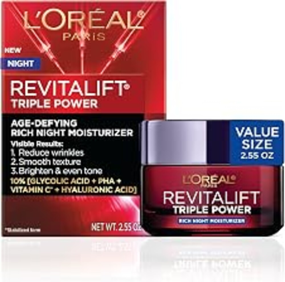 L'Oreal Paris Revitalift Triple Power Rich Night Cream, Anti Aging Moisturizer With Glycolic Acid, Vitamin C & Hyaluronic Acid, Visibly Smooths Texture, Reduces Fine Lines & Evens Skin Tone, 2.55 oz