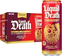 Liquid Death Sparkling Energy - Murder Mystery (Cherry, Cream, Spice), Zero Sugar Energy Drink, Unextreme Caffeine 100mg, Essential Vitamins, 12 Fl Oz (Pack of 12)