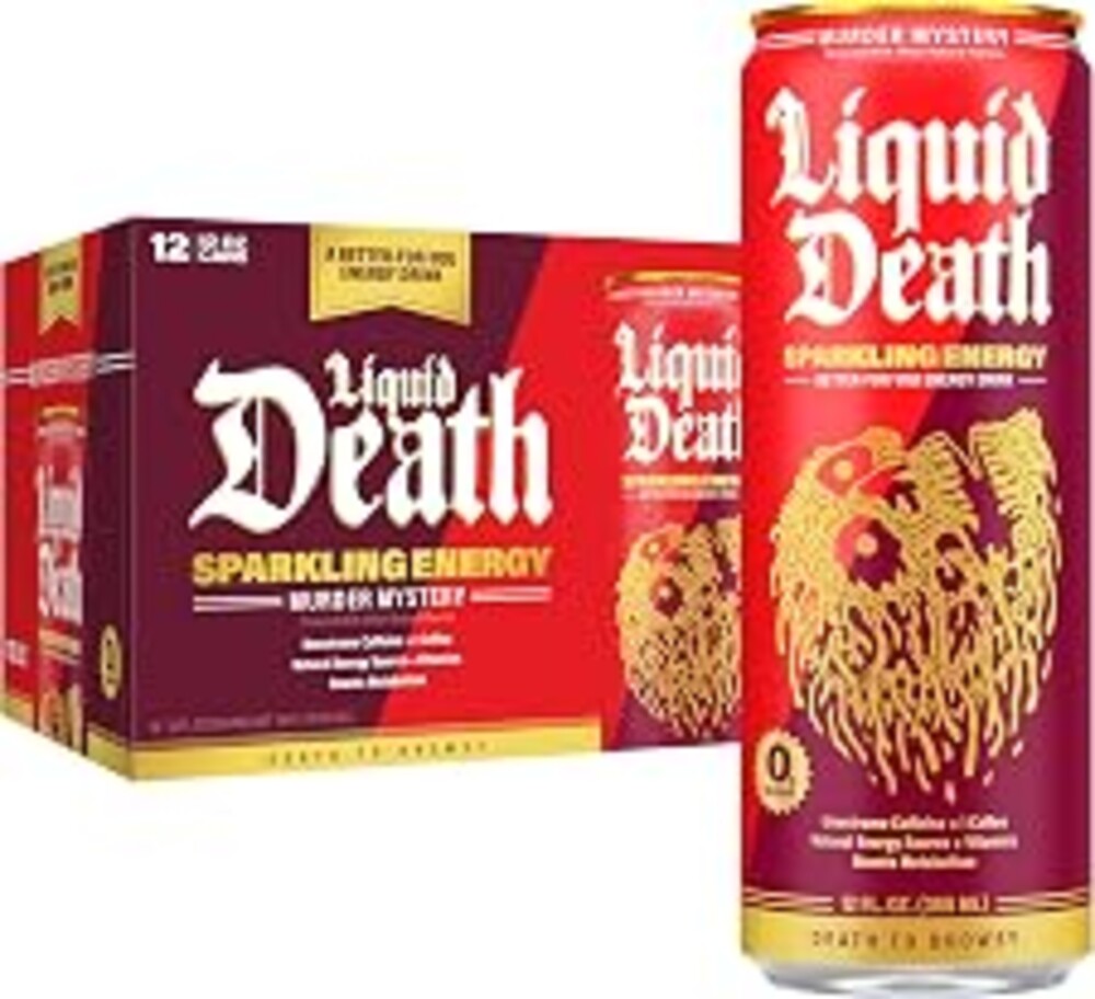 Liquid Death Sparkling Energy - Murder Mystery (Cherry, Cream, Spice), Zero Sugar Energy Drink, Unextreme Caffeine 100mg, Essential Vitamins, 12 Fl Oz (Pack of 12)