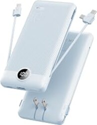 VRURC Portable Charger, Power Bank Built-in Cables and AC Wall Plug | USB C Power Bank 10000mAh, Travel Essentials Phone Charger Compact External Battery Pack For Smart Phones, Tablets etc-Blue