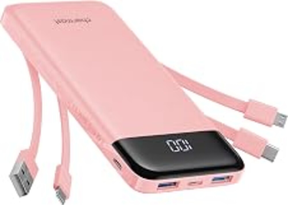 charmast Portable Charger with Reinforced Built-in 4 Cables,10000mAh Power Bank Travel Essentials 6 Outputs 3 Inputs 3A Fast Charging Compatible with iPhone iPad Samsung Google Pixel LG Moto