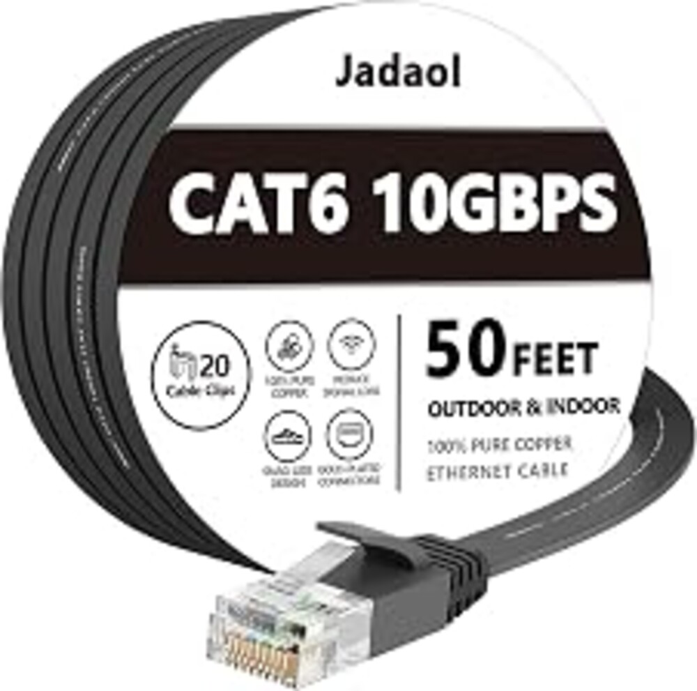 Jadaol Cat6/Cat6A Ethernet Cable 50FT Flat with Clips 10Gbps Network, Black | 1FT 3FT 5FT 10FT 15FT 20FT 25FT 30FT 35FT 50FT 60FT 75FT 100FT 150FT 200FT LAN Patch Cable for Router, Modem, Switch, Gaming
