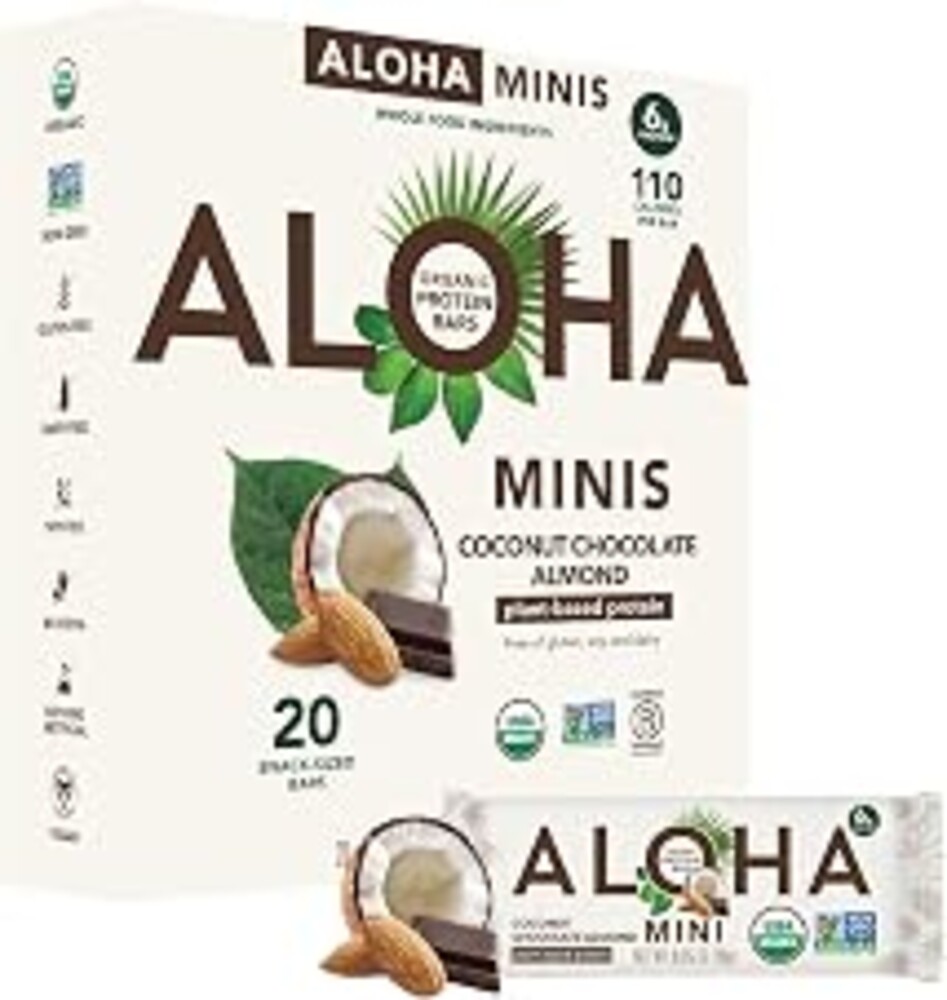 ALOHA Organic Plant Based Protein Bar MINIS |Coconut Chocolate Almond | 20 Count, 24g Bars | Vegan, Low Sugar, Gluten Free, Paleo, Low Carb, Non-GMO, Stevia Free, Soy Free, No Sugar Alcohols