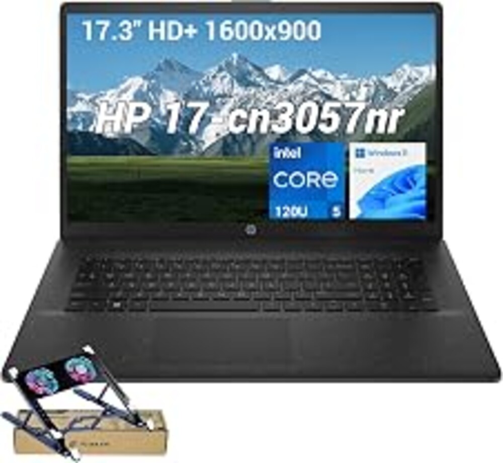 HP 17.3" HD+ Laptop for Students & Remote Office Workers, Intel Core 5 120U 10-Core Processor up to 5.0 GHz, 16GB RAM, 512GB SSD, Webcam Shutter, Numeric Keypad, Wi-Fi 6, Black, w/PCO Laptop Cooler