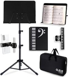 GLEAM Sheet Music Stand - Full Metal with Carrying Bag, Phone Holder, Sheet Music Folder and Clip, 5 in 1 Desktop Book Stand - Black