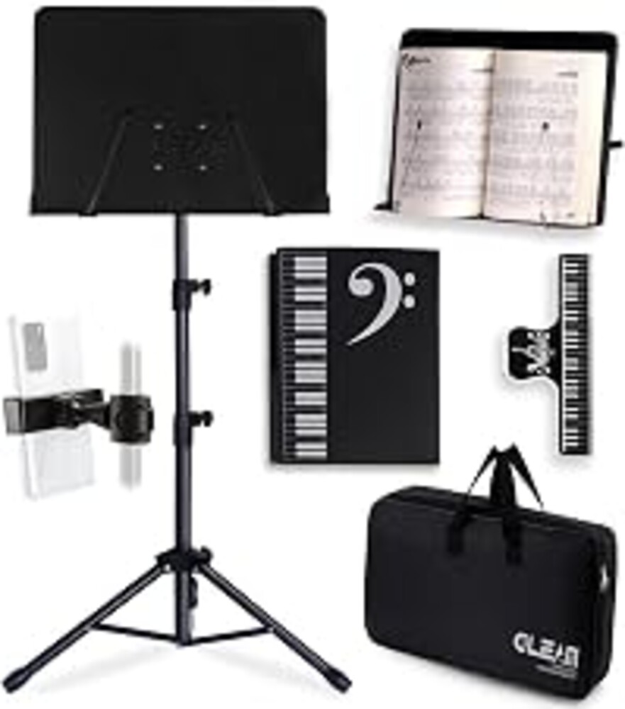GLEAM Sheet Music Stand - Full Metal with Carrying Bag, Phone Holder, Sheet Music Folder and Clip, 5 in 1 Desktop Book Stand - Black