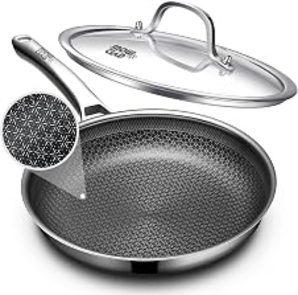 OATOFP Non Stick Frying Pans 12 inch, Hybrid Improved Version Frying Pan Nonstick with Lid, Stainless Steel Skillet, Dishwasher and Oven-Safe Chef & Quiche Pans, PFOA Free Cookware
